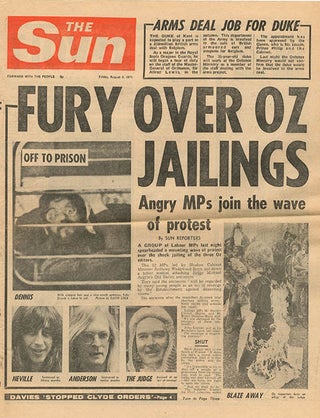 A bundle of twenty contemporary cuttings from the broadsheet and tabloid press featuring coverage of, and reaction to, the Oz trial, together with three underground papers, Frendz #5 (July 8th, 1971), Ink #15 (August 7th, 1971), and Frendz #8 (August 19th, 1971), all with front cover features devoted to the trial.