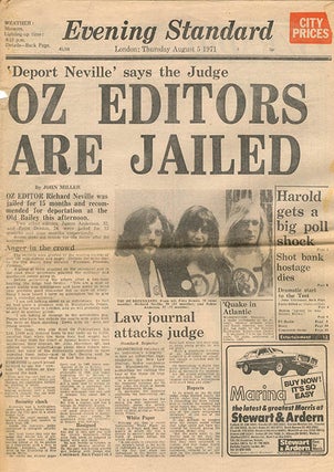 A bundle of twenty contemporary cuttings from the broadsheet and tabloid press featuring coverage of, and reaction to, the Oz trial, together with three underground papers, Frendz #5 (July 8th, 1971), Ink #15 (August 7th, 1971), and Frendz #8 (August 19th, 1971), all with front cover features devoted to the trial.