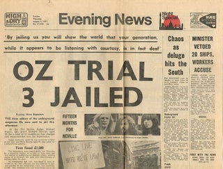 A bundle of twenty contemporary cuttings from the broadsheet and tabloid press featuring coverage of, and reaction to, the Oz trial, together with three underground papers, Frendz #5 (July 8th, 1971), Ink #15 (August 7th, 1971), and Frendz #8 (August 19th, 1971), all with front cover features devoted to the trial.