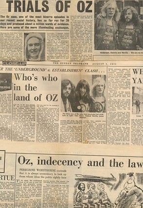 A bundle of twenty contemporary cuttings from the broadsheet and tabloid press featuring coverage of, and reaction to, the Oz trial, together with three underground papers, Frendz #5 (July 8th, 1971), Ink #15 (August 7th, 1971), and Frendz #8 (August 19th, 1971), all with front cover features devoted to the trial.