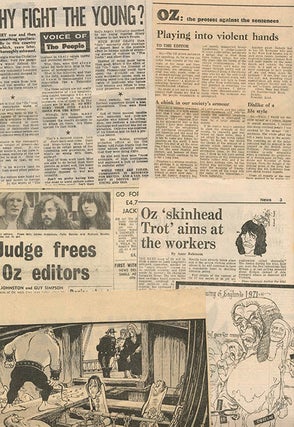 A bundle of twenty contemporary cuttings from the broadsheet and tabloid press featuring coverage of, and reaction to, the Oz trial, together with three underground papers, Frendz #5 (July 8th, 1971), Ink #15 (August 7th, 1971), and Frendz #8 (August 19th, 1971), all with front cover features devoted to the trial.
