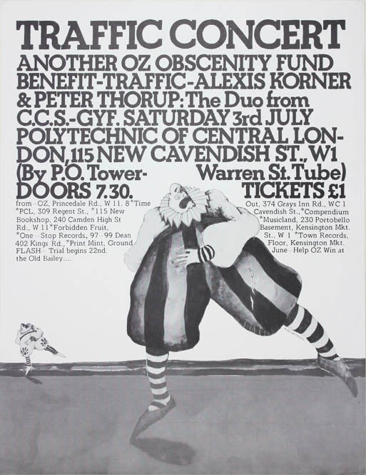 Item #40381 A poster announcing an Oz obscenity trial fundraiser concert at the Polytechnic of Central London (near the GPO Tower) on July 3rd, 1971. OZ OBSCENITY FUND.