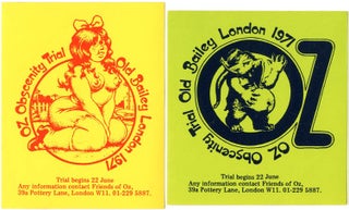 Item #40388 Two unused campaign stickers made for the Oz Obscenity Trial Fund (1971), one...