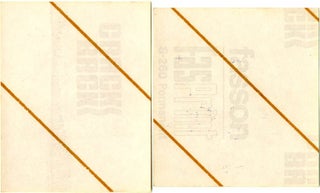 Two unused campaign stickers made for the Oz Obscenity Trial Fund (1971), one depicting Honeybunch Kaminski (red on yellow, 10x8cm.), and the other depicting the heavily pregnant bipedal Oz elephant designed by Jon Goodchild (dark blue on green, 9.5x9cm.).