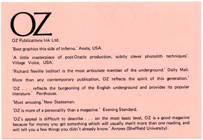 Item #40390 A double-sided Oz advertising rates card, printed in black on pink stock, c. 1971. OZ ADVERTISING RATES CARD.