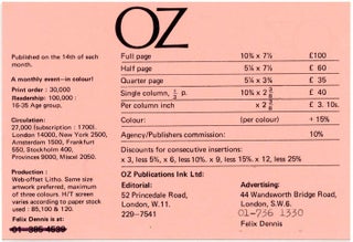 A double-sided Oz advertising rates card, printed in black on pink stock, c. 1971.