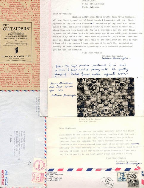 Item #40417 A collection of correspondence with booksellers Henry W. Wenning, Ulysses Grant Roman and James Roman, c. July 1961-December 1965, together with the landmark book catalogue, The &lsquo;Outsiders&rsquo;, published by Roman Books of Fort Lauderdale, Florida. William S. BURROUGHS.