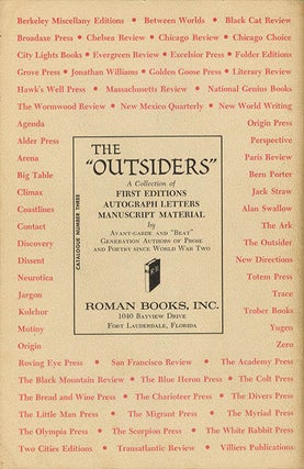 A collection of correspondence with booksellers Henry W. Wenning, Ulysses Grant Roman and James Roman, c. July 1961-December 1965, together with the landmark book catalogue, The ‘Outsiders’, published by Roman Books of Fort Lauderdale, Florida.