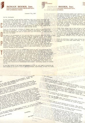 A collection of correspondence with booksellers Henry W. Wenning, Ulysses Grant Roman and James Roman, c. July 1961-December 1965, together with the landmark book catalogue, The ‘Outsiders’, published by Roman Books of Fort Lauderdale, Florida.
