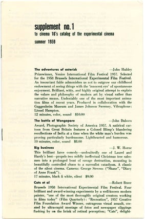 CINEMA 16. A Catalog of the Experimental Cinema + Supplement no. 1 (Summer 1959).