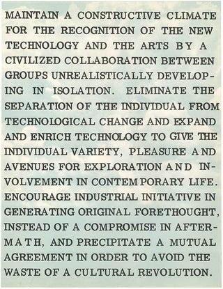 Item #40587 EXPERIMENTS IN ART AND TECHNOLOGY (E.A.T.). Statement of purpose (untitled