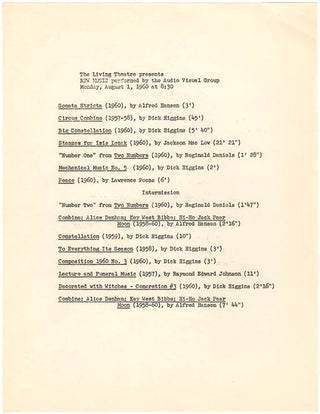 An original handbill, accompanied by the programme handout, announcing a performance of ‘New Music’ by The Audio-Visual Group at the Living Theatre, 530 6th Avenue, New York City, August 1, 1960.