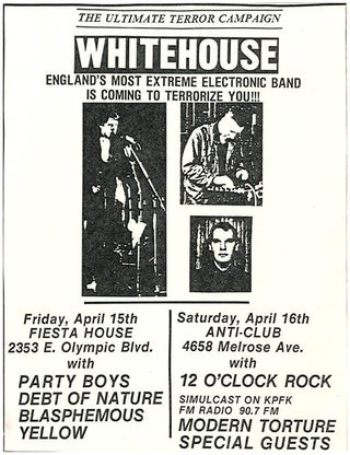 Item #40757 An original flyer for two Whitehouse live actions in Los Angeles, April 15-16, 1983,...