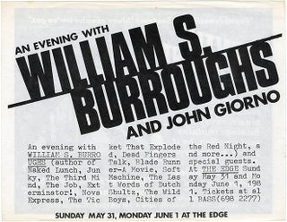 Item #40807 A flyer announcing “An Evening with William S. Burroughs and John Giorno… at The...