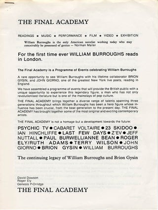 A collection of items produced for The Final Academy series of performances and events celebrating the life and work of William Burroughs, staged at various venues in the UK during September-October 1982, including the original Neville Brody-designed poster for the dates at the Ritzy Cinema in Brixton.