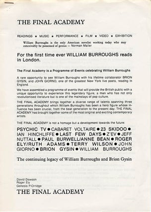 A collection of items produced for The Final Academy series of performances and events celebrating the life and work of William Burroughs, staged at various venues in the UK during September-October 1982, including the original Neville Brody-designed poster for the dates at the Ritzy Cinema in Brixton.