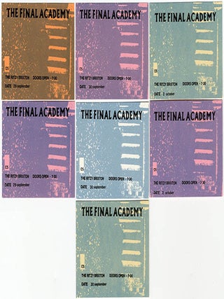 A collection of items produced for The Final Academy series of performances and events celebrating the life and work of William Burroughs, staged at various venues in the UK during September-October 1982, including the original Neville Brody-designed poster for the dates at the Ritzy Cinema in Brixton.
