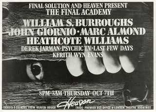A collection of items produced for The Final Academy series of performances and events celebrating the life and work of William Burroughs, staged at various venues in the UK during September-October 1982, including the original Neville Brody-designed poster for the dates at the Ritzy Cinema in Brixton.