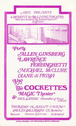 Item #40845 A large handbill announcing a benefit for the Living Theatre at the Pauley Ballroom,...