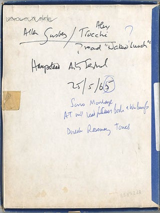 An open reel tape recording of Allen Ginsberg and Alexander Trocchi performing a routine from “The Naked Lunch”, as well as Ginsberg reading from “Nova Express”, chanting a Buddhist mantra, and reading 8 poems, the last of which is accompanied by “Sono-Montage”, an electronic tape piece by Rosemary Tonks.