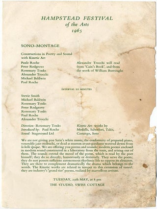 An open reel tape recording of Allen Ginsberg and Alexander Trocchi performing a routine from “The Naked Lunch”, as well as Ginsberg reading from “Nova Express”, chanting a Buddhist mantra, and reading 8 poems, the last of which is accompanied by “Sono-Montage”, an electronic tape piece by Rosemary Tonks.