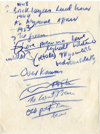 An open reel tape recording of Allen Ginsberg and Alexander Trocchi performing a routine from “The Naked Lunch”, as well as Ginsberg reading from “Nova Express”, chanting a Buddhist mantra, and reading 8 poems, the last of which is accompanied by “Sono-Montage”, an electronic tape piece by Rosemary Tonks.