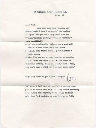 An open reel tape recording of Allen Ginsberg and Alexander Trocchi performing a routine from “The Naked Lunch”, as well as Ginsberg reading from “Nova Express”, chanting a Buddhist mantra, and reading 8 poems, the last of which is accompanied by “Sono-Montage”, an electronic tape piece by Rosemary Tonks.
