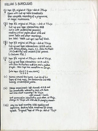 Two open reel tapes featuring approximately 100 minutes of recordings made by William Burroughs in Tangier, New York and London c. 1964/1965/1972.