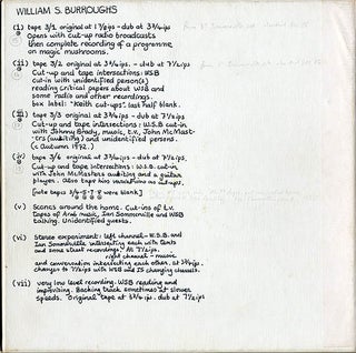 Two open reel tapes featuring approximately 100 minutes of recordings made by William Burroughs in Tangier, New York and London c. 1964/1965/1972.