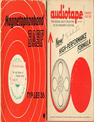 Item #40918 Two open reel tapes, including recordings of William Burroughs reading &ldquo;The Last Words of Hassan-i Sabbah&rdquo; (Paris, c. 1959) and &ldquo;Old Farmers&rsquo; Almanac&rdquo; (New York, c. April 1965). William S. BURROUGHS.
