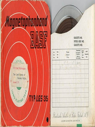 Two open reel tapes, including recordings of William Burroughs reading &ldquo;The Last Words of Hassan-i Sabbah&rdquo; (Paris, c. 1959) and &ldquo;Old Farmers&rsquo; Almanac&rdquo; (New York, c. April 1965).