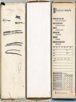 Three open reel tapes, including recordings of William Burroughs reading “Burroughs Called the Law”, “The Master of Time”, and other cut-up texts, probably recorded in Tangier, c. 1963, as well as street sounds recorded by him at 210 Centre Street, New York, in 1965.