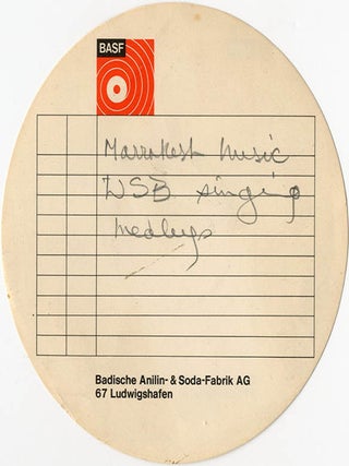 An open reel tape of William Burroughs singing titles and lyrics from the Great American Songbook, English music hall songs and Scottish folk song, combined with Jajouka music, radio cut-ins and Burroughs reading his own cut-up texts.