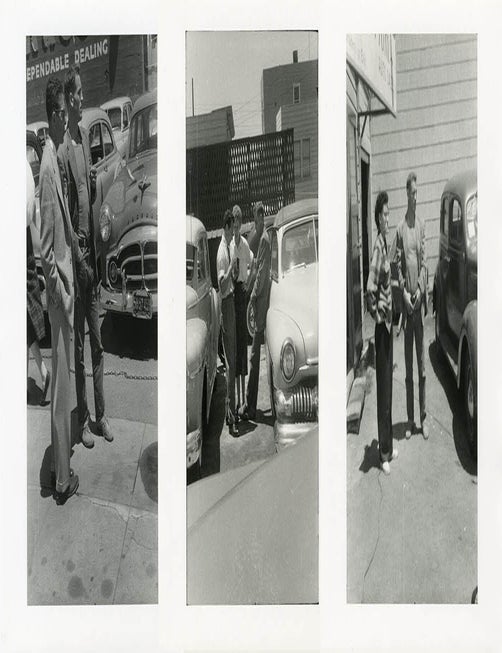A sequence of 3 b/w photographs of Neal Cassady at a used car lot in North Beach, San Francisco, Allen GINSBERG.