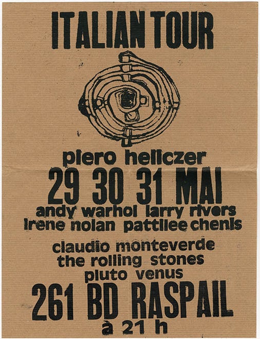 A large flyer announcing &lsquo;Italian Tour - piero heliczer 29 30 31 Mai andy warhol larry rivers. Piero HELICZER.