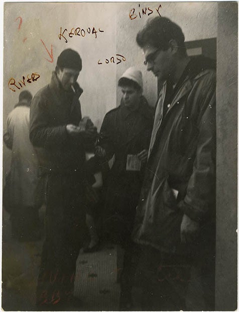 Larry Rivers, Jack Kerouac, Gregory Corso and Allen Ginsberg in the lobby of the Living Theatre, Fred McDARRAH.