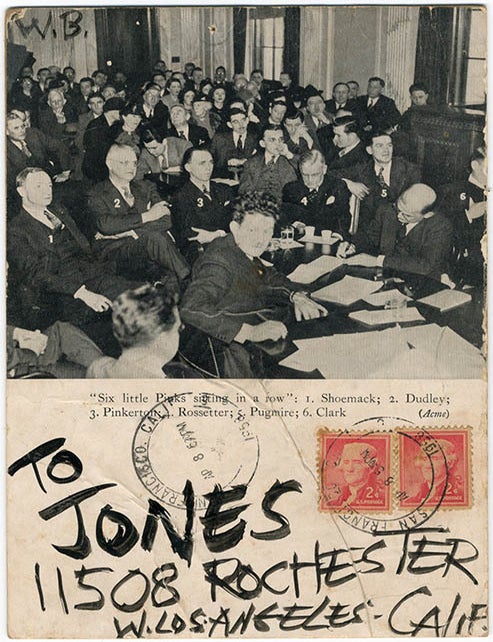 Mail art card, double-sided, boldly addressed in black paint to &lsquo;JONES&rsquo; at 11508 Rochester. Wallace BERMAN.