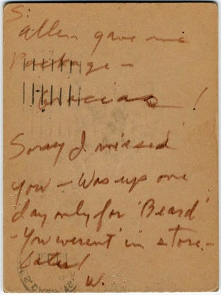 Mail art card sent to Shig Murao at City Lights, San Francisco, postmarked Los Angeles, c. late 1965/early 1966.