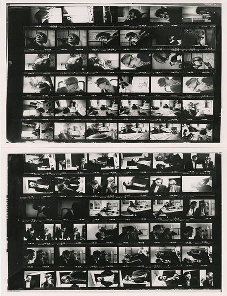 Item #41233 Two 8x10 b/w photographs of Kodak contact sheets, each one printing 36 frames depicting Miles and Hoppy preparing Long Hair for publication, c. late November/early December 1965. LOVEBOOKS.