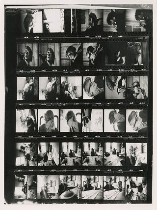Two 8x10 b/w photographs of Kodak contact sheets, each one printing 36 frames depicting Miles and Hoppy preparing Long Hair for publication, c. late November/early December 1965.