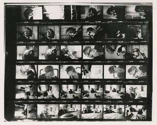 Two 8x10 b/w photographs of Kodak contact sheets, each one printing 36 frames depicting Miles and Hoppy preparing Long Hair for publication, c. late November/early December 1965.