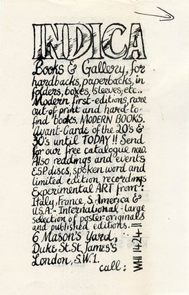 An original flyer for Indica Books and Gallery, designed by Miles (c. Spring 1966).