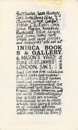 An original flyer for Indica Books and Gallery, designed by Miles (c. Spring 1966).