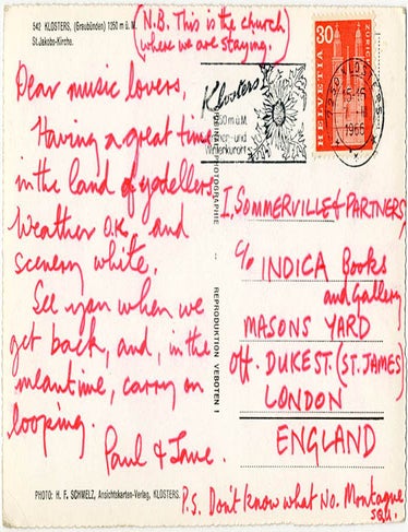 Item #41251 An Autograph Postcard Signed from Paul McCartney to &ldquo;Ian Sommerville & Partners c/o Indica Books and Gallery&rdquo;, postmarked Klosters, Switzerland, March 7, 1966. Paul McCARTNEY.