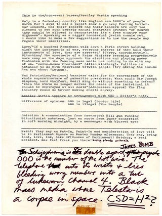 THE LONG HAIR TIMES. A collection comprising the original artwork for The Long Hair Times, the pre-publication flyer announcing it, an original typed notice from Indica Books, and a copy of the finished publication (March/April 1966).