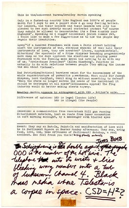 THE LONG HAIR TIMES. A collection comprising the original artwork for The Long Hair Times, the pre-publication flyer announcing it, an original typed notice from Indica Books, and a copy of the finished publication (March/April 1966).
