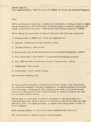 THE LONG HAIR TIMES. A collection comprising the original artwork for The Long Hair Times, the pre-publication flyer announcing it, an original typed notice from Indica Books, and a copy of the finished publication (March/April 1966).