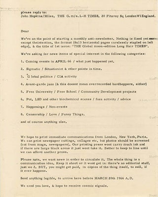 THE LONG HAIR TIMES. A collection comprising the original artwork for The Long Hair Times, the pre-publication flyer announcing it, an original typed notice from Indica Books, and a copy of the finished publication (March/April 1966).