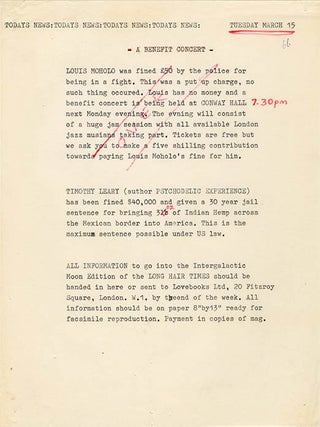 THE LONG HAIR TIMES. A collection comprising the original artwork for The Long Hair Times, the pre-publication flyer announcing it, an original typed notice from Indica Books, and a copy of the finished publication (March/April 1966).