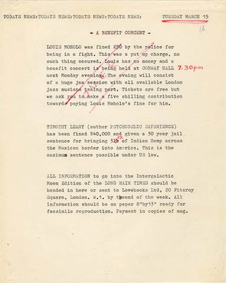 THE LONG HAIR TIMES. A collection comprising the original artwork for The Long Hair Times, the pre-publication flyer announcing it, an original typed notice from Indica Books, and a copy of the finished publication (March/April 1966).